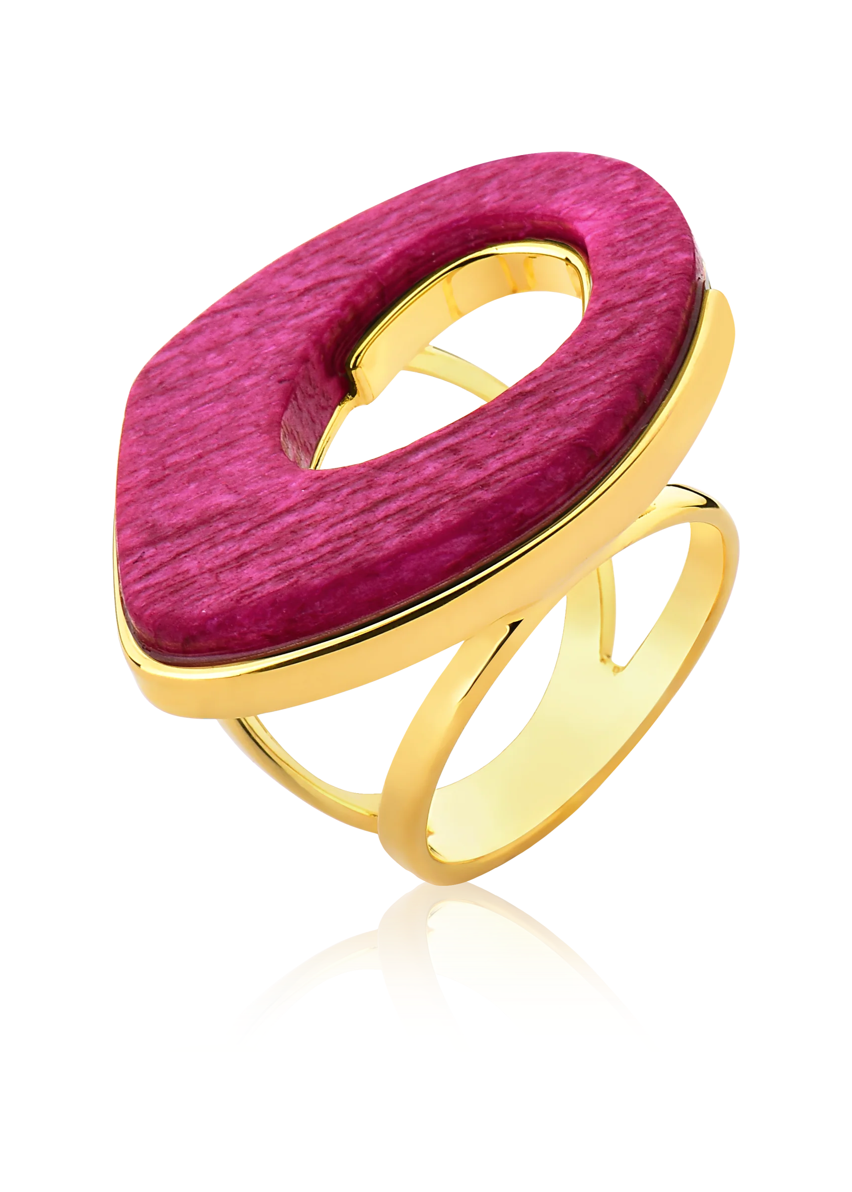 Gold ring with a pink stone on a white background