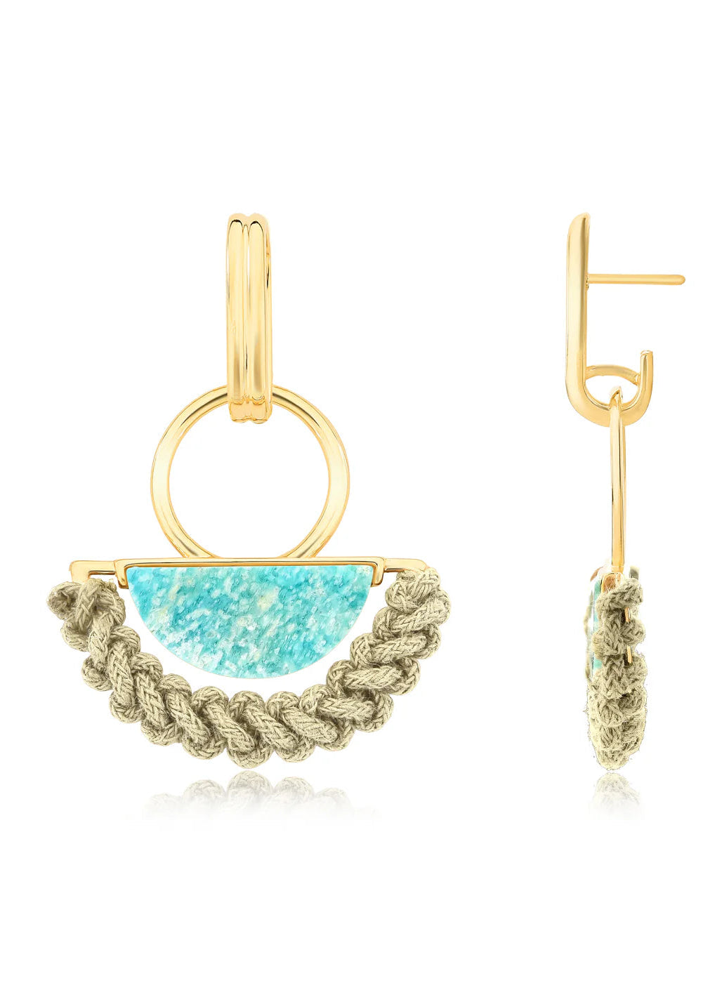 Gold earrings with turquoise stone and braided design on a white background