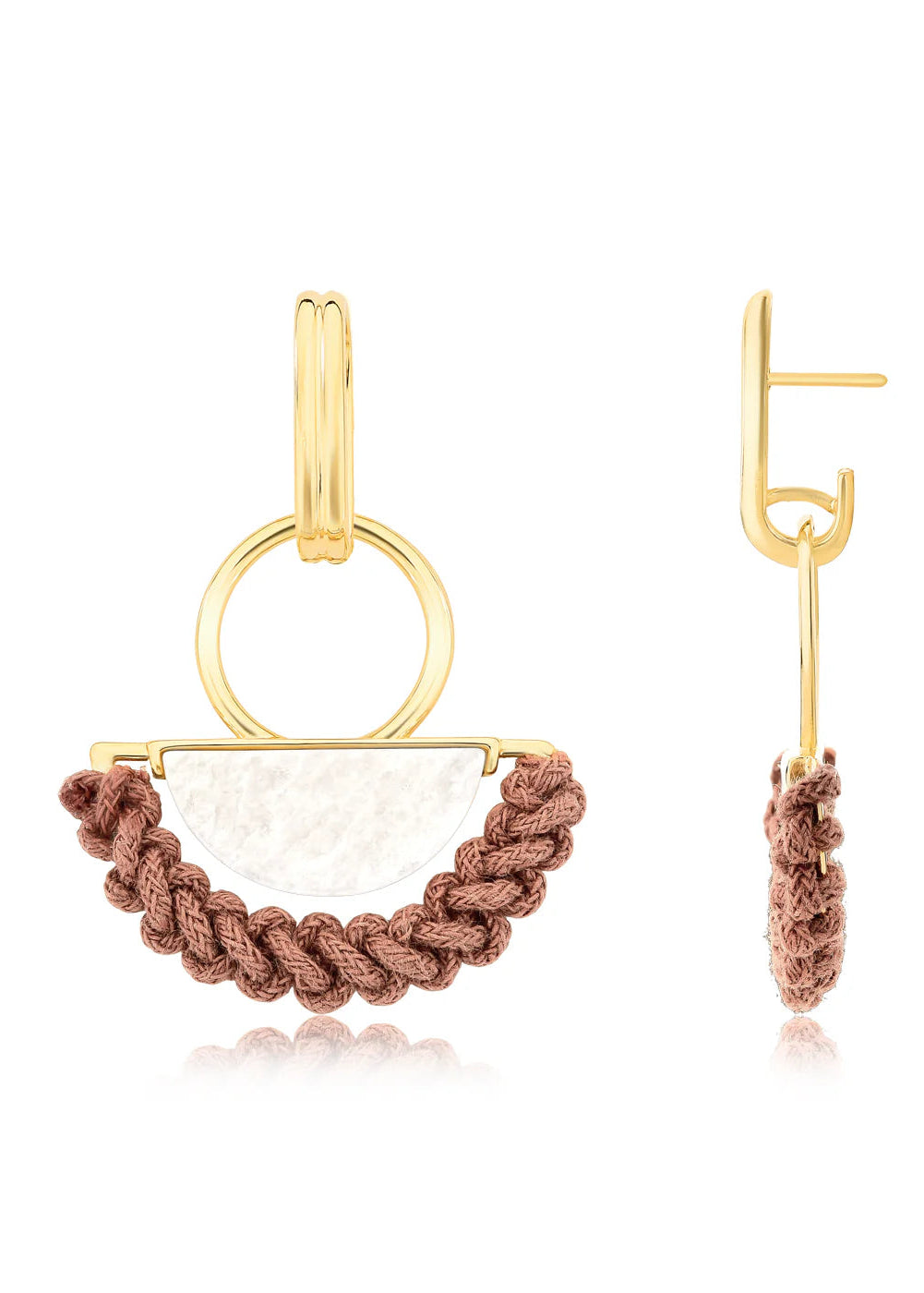 Gold earrings with braided brown and white design on a white background