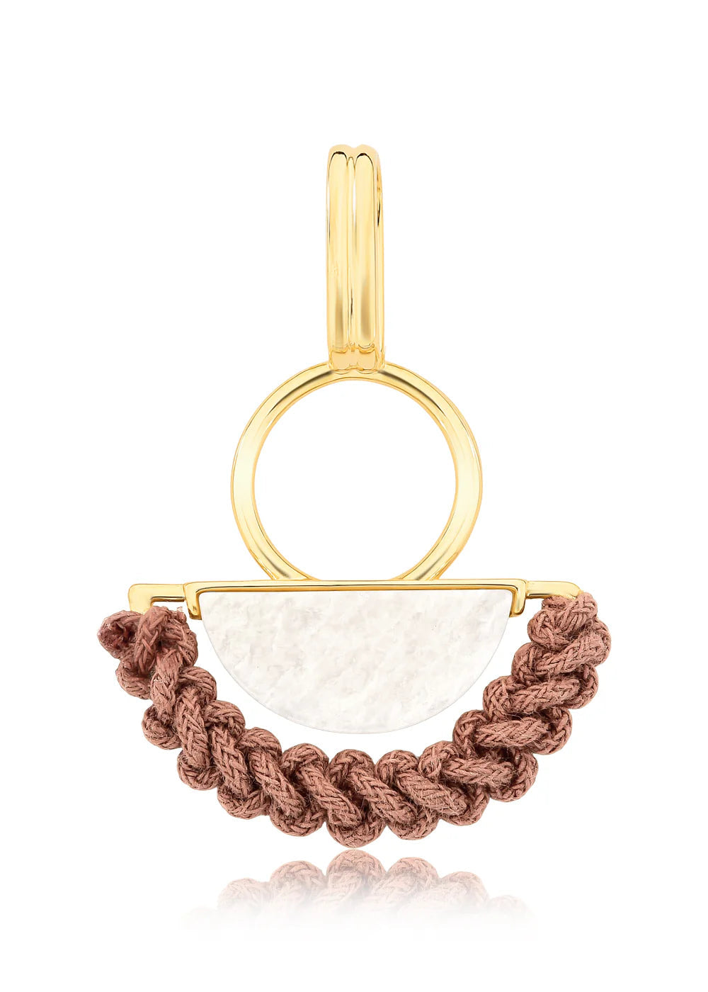 Gold pendant with a white stone and braided brown cord on a white background