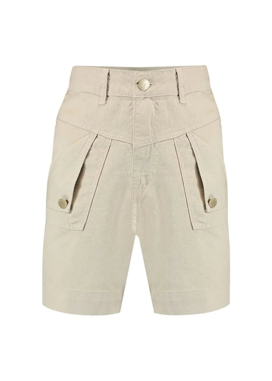 Beige shorts with button details on a white background