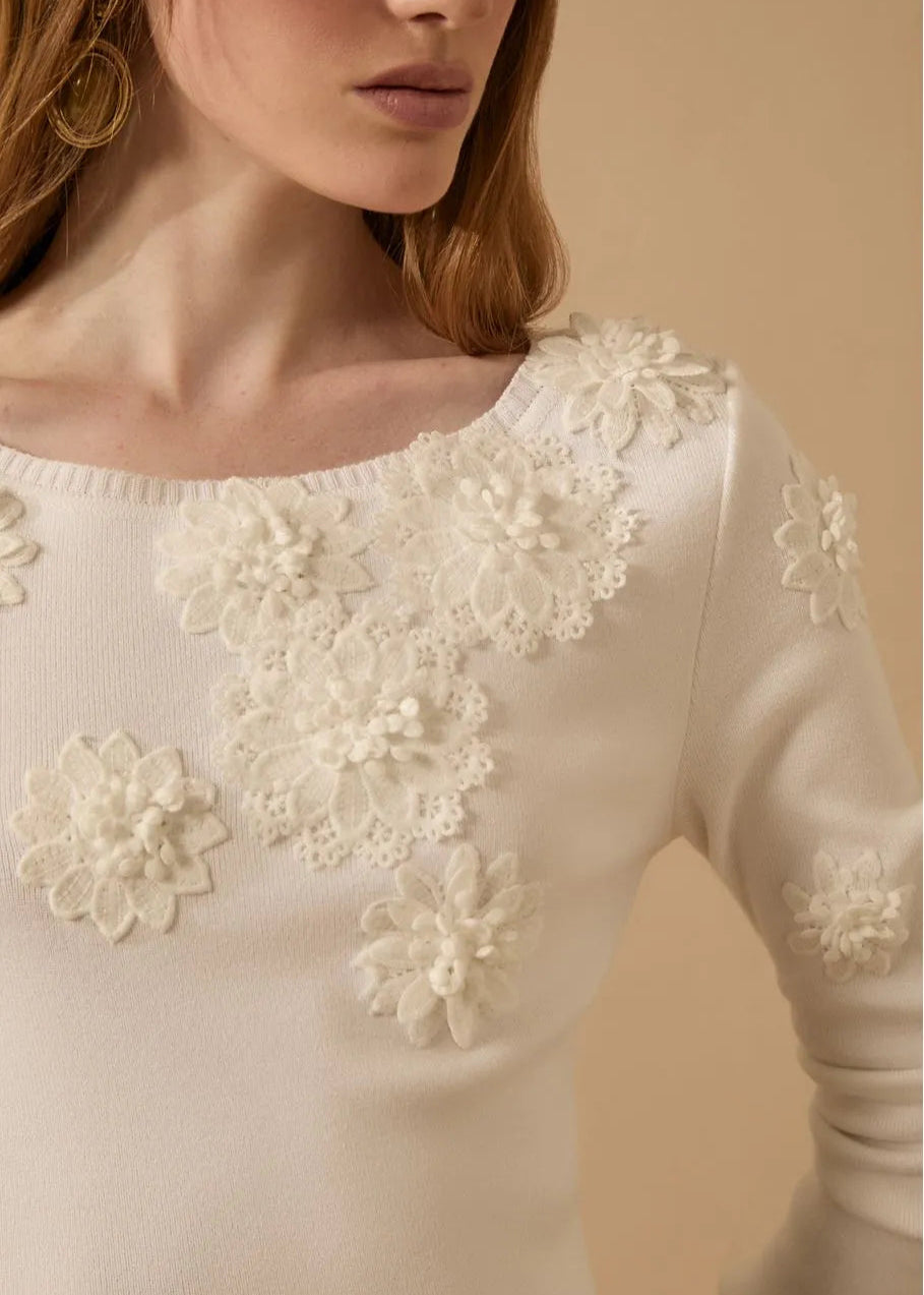 White long-sleeve top with floral lace details on a beige background