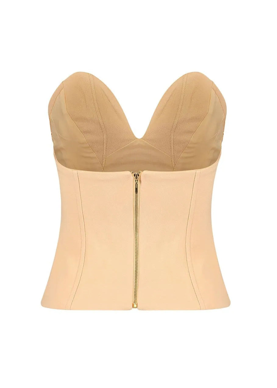 Beige waist trainer with a gold zipper on a white background