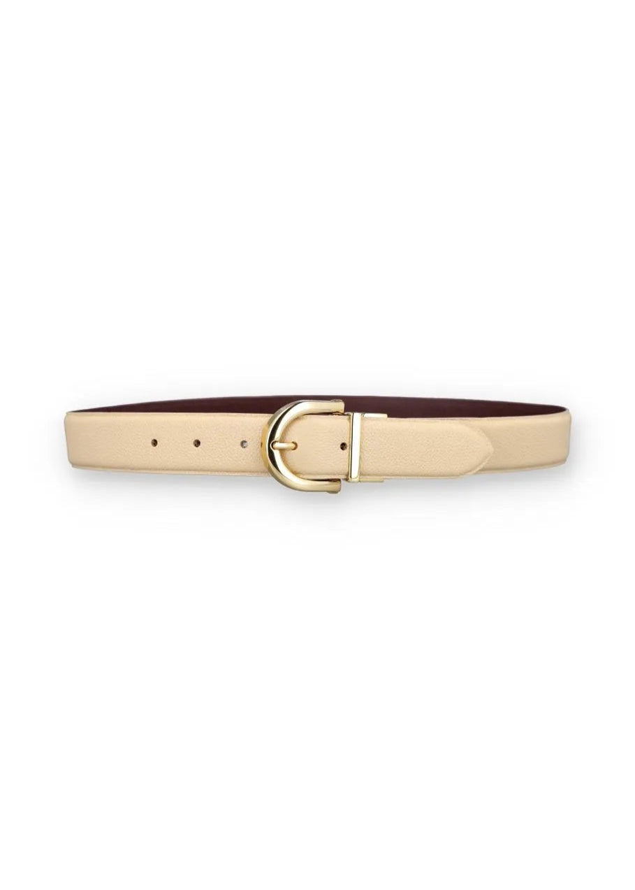 Beige belt with a gold buckle on a white background