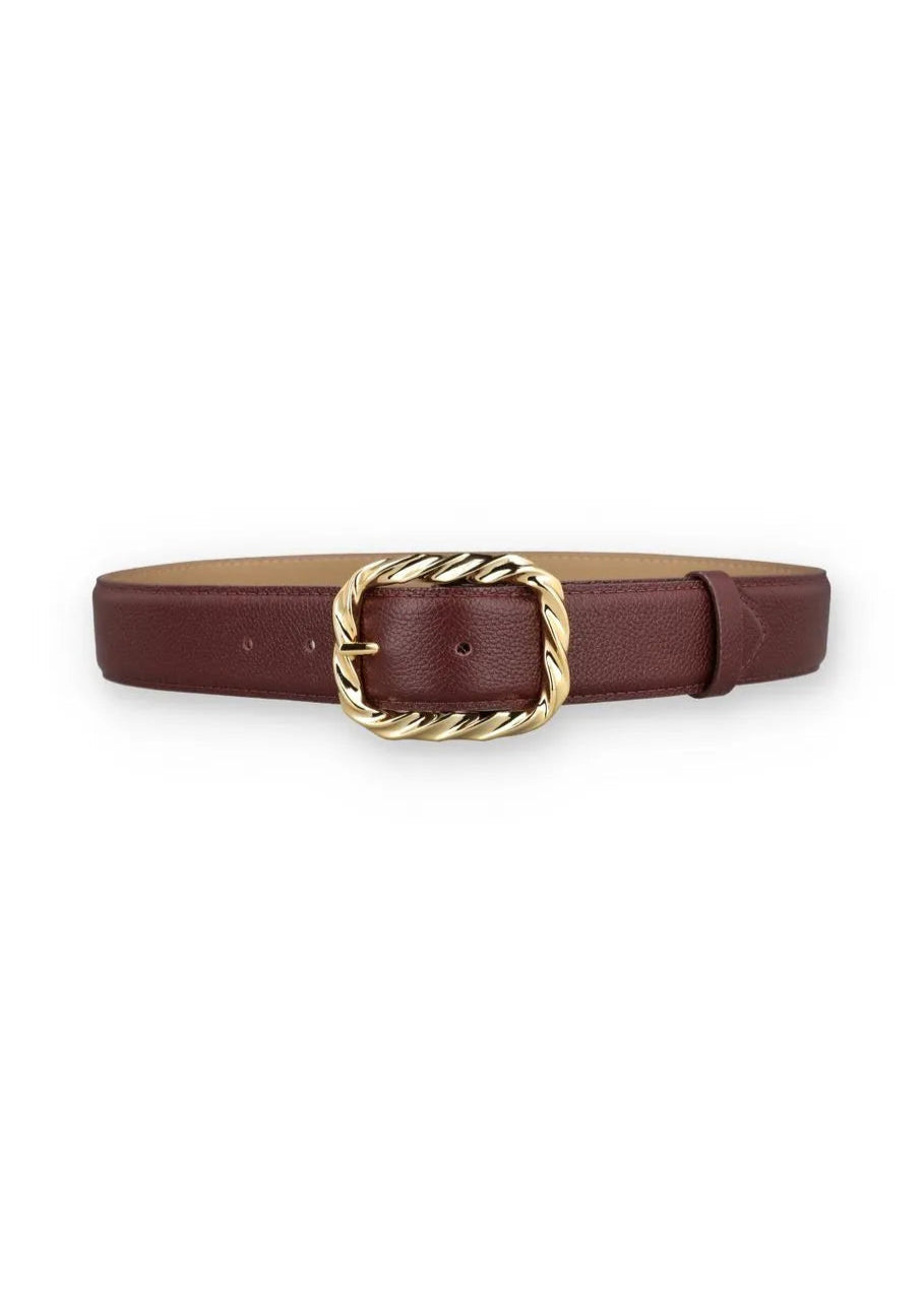 Brown belt with a gold buckle on a white background