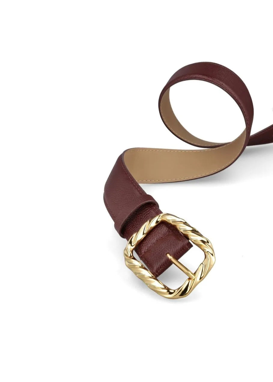 Brown belt with a gold buckle on a white background