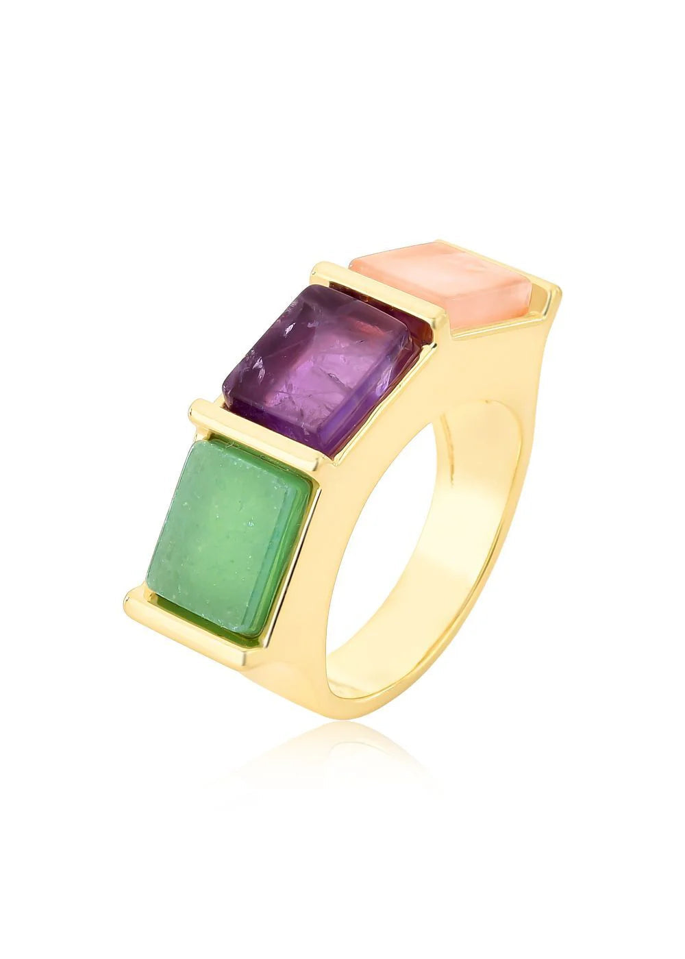 Gold ring with purple, green, and pink gemstones on a white background