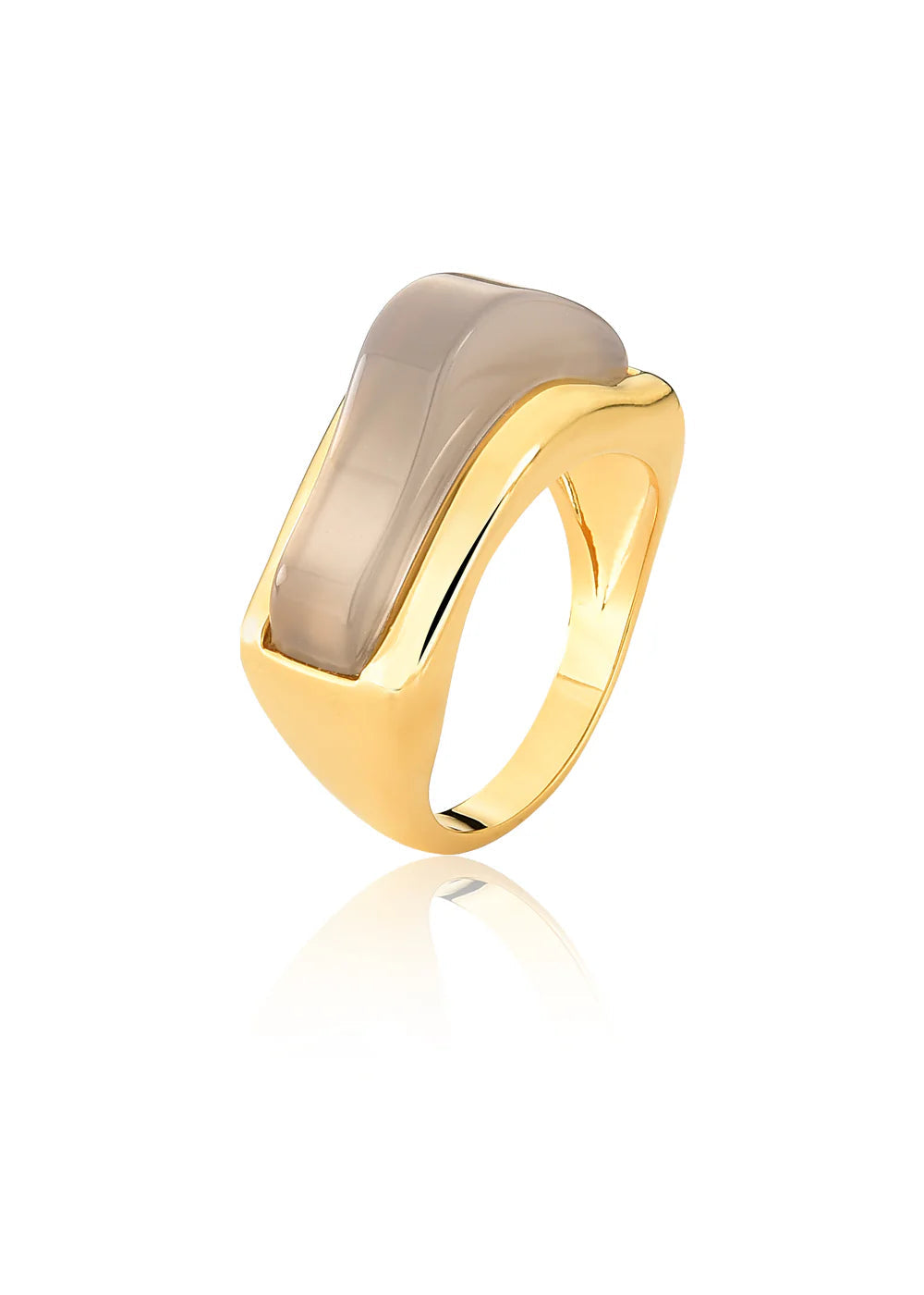 Gold ring with a beige stone on a white background