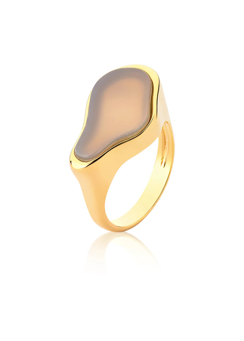 Gold ring with a brown stone on a white background