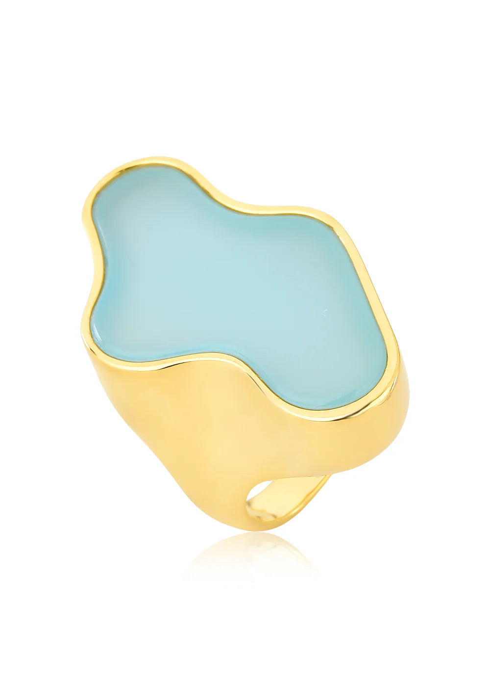 Gold ring with a light blue stone on a white background