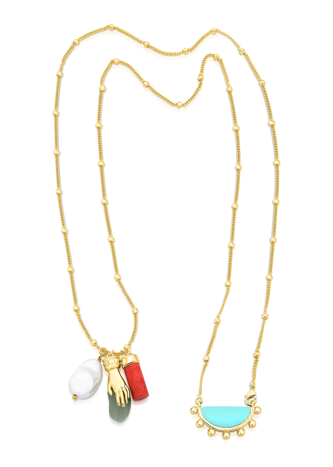 Gold necklace with colorful pendant on a white background