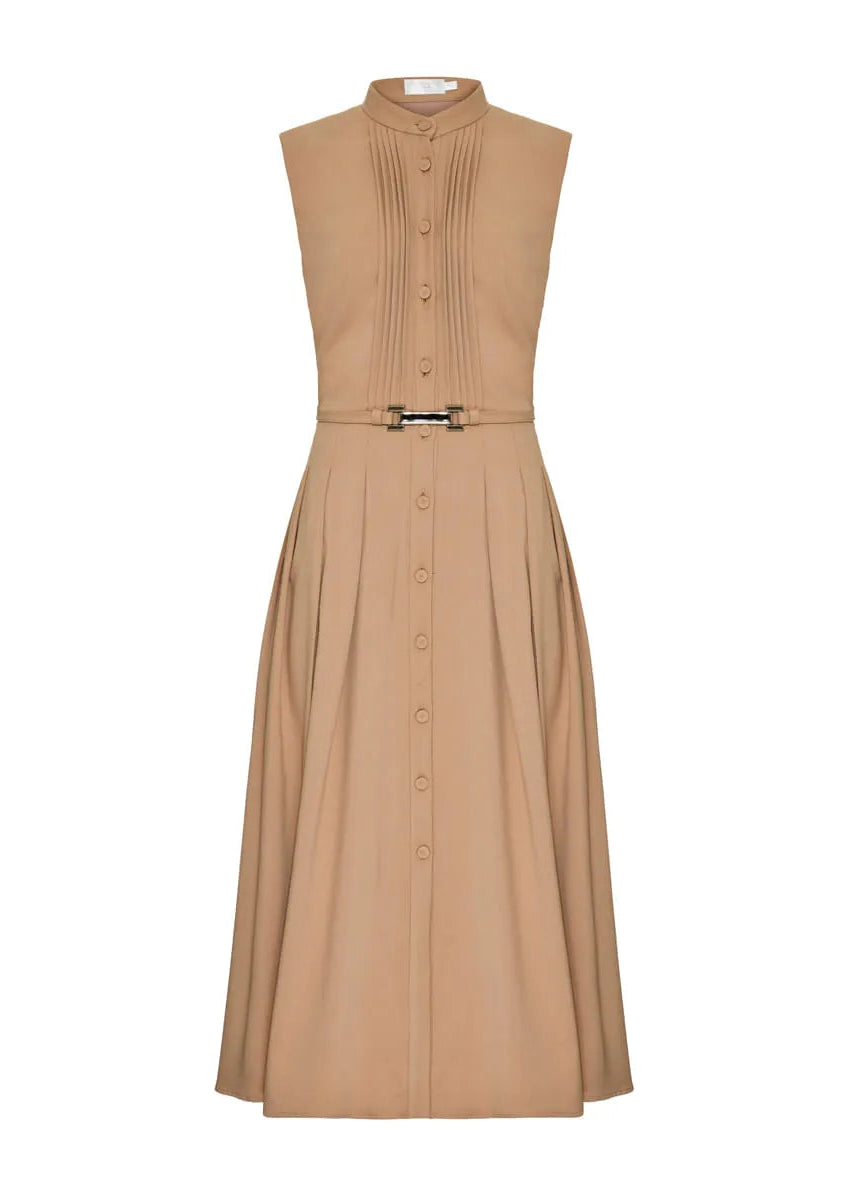 Beige sleeveless dress with buttons on a white background