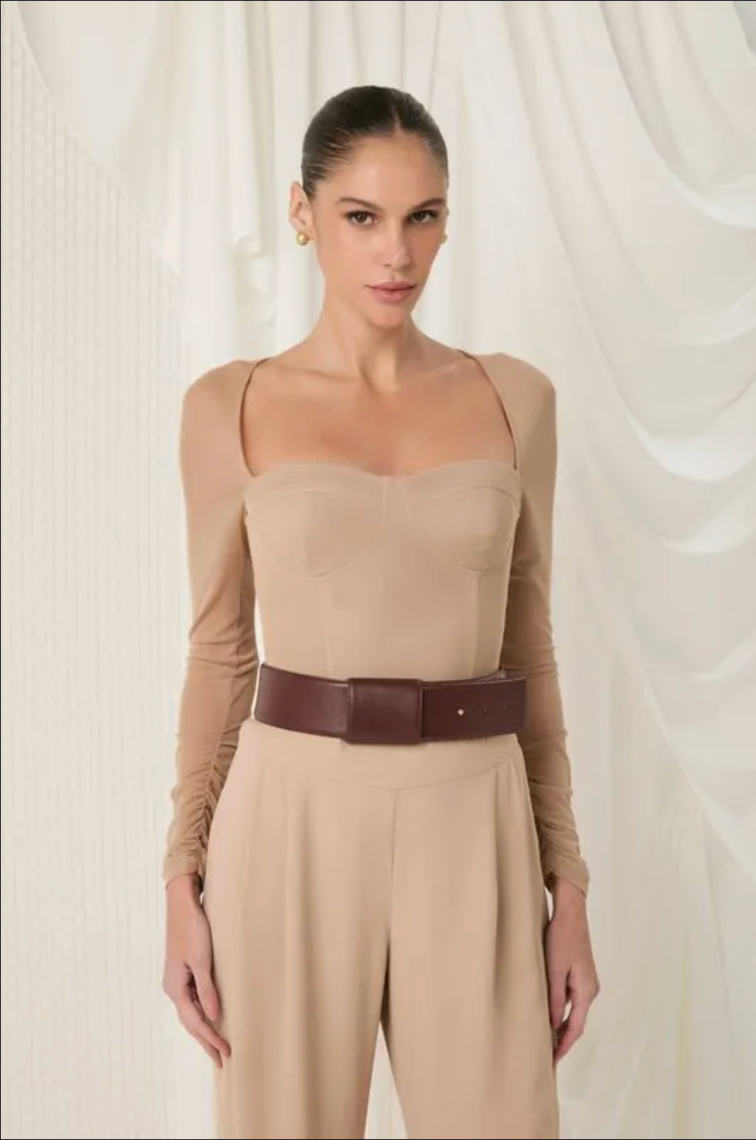 Beige sweetheart-neck blouse