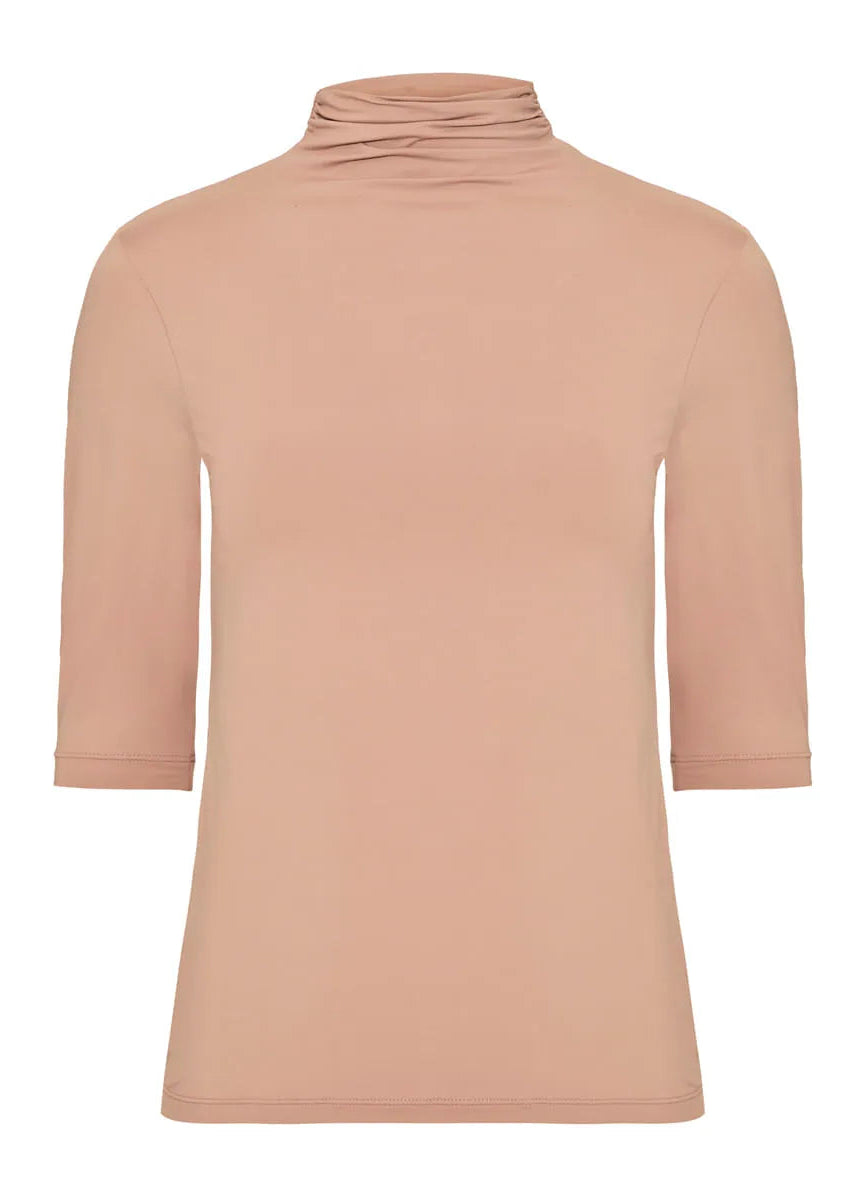 Beige turtleneck blouse on a white background