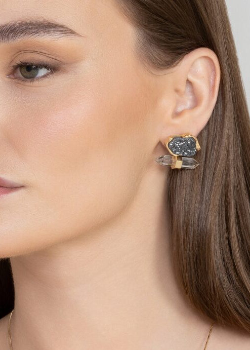 Black Druzy and Crystal Earring