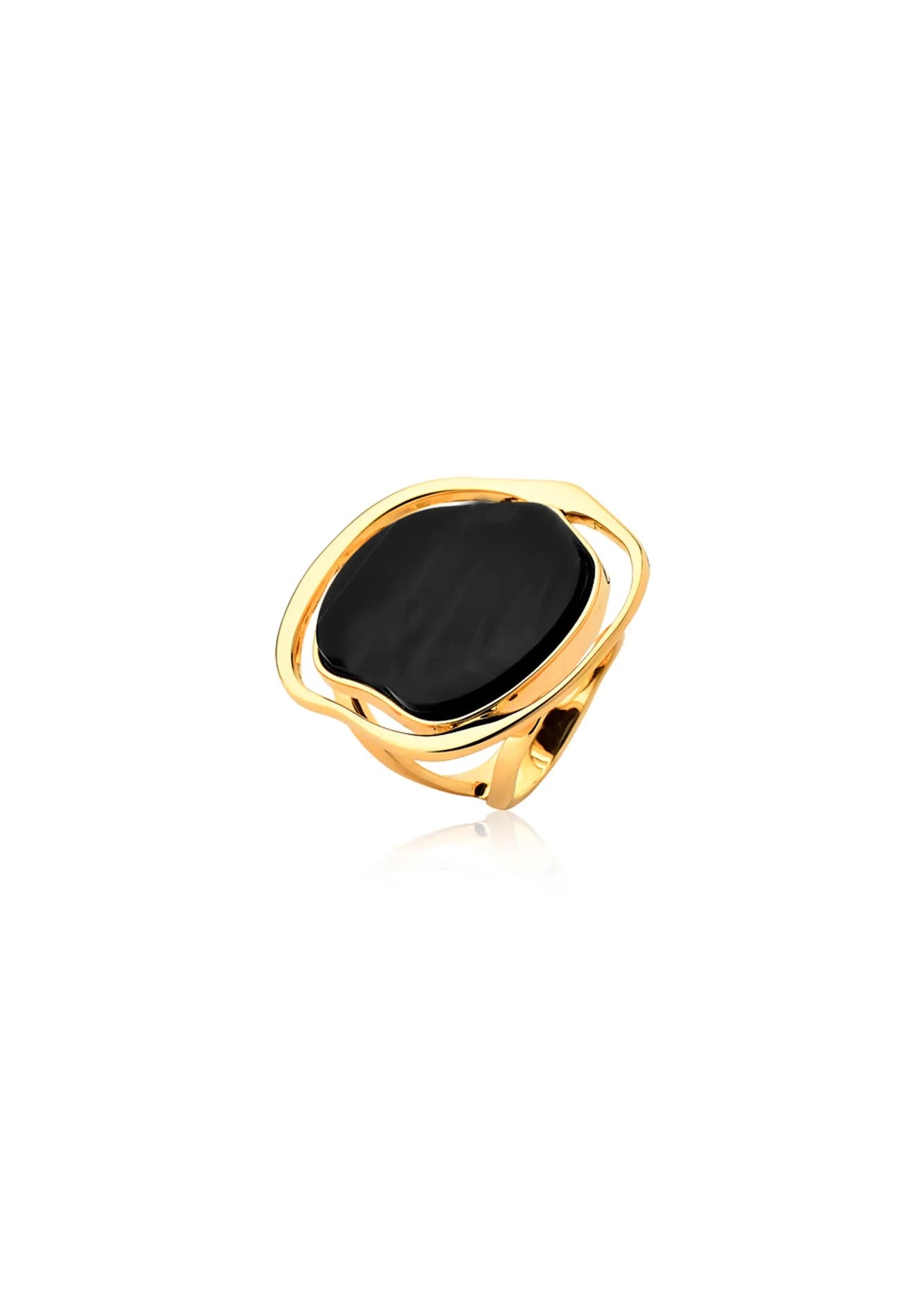 Gold ring with a black stone on a white background