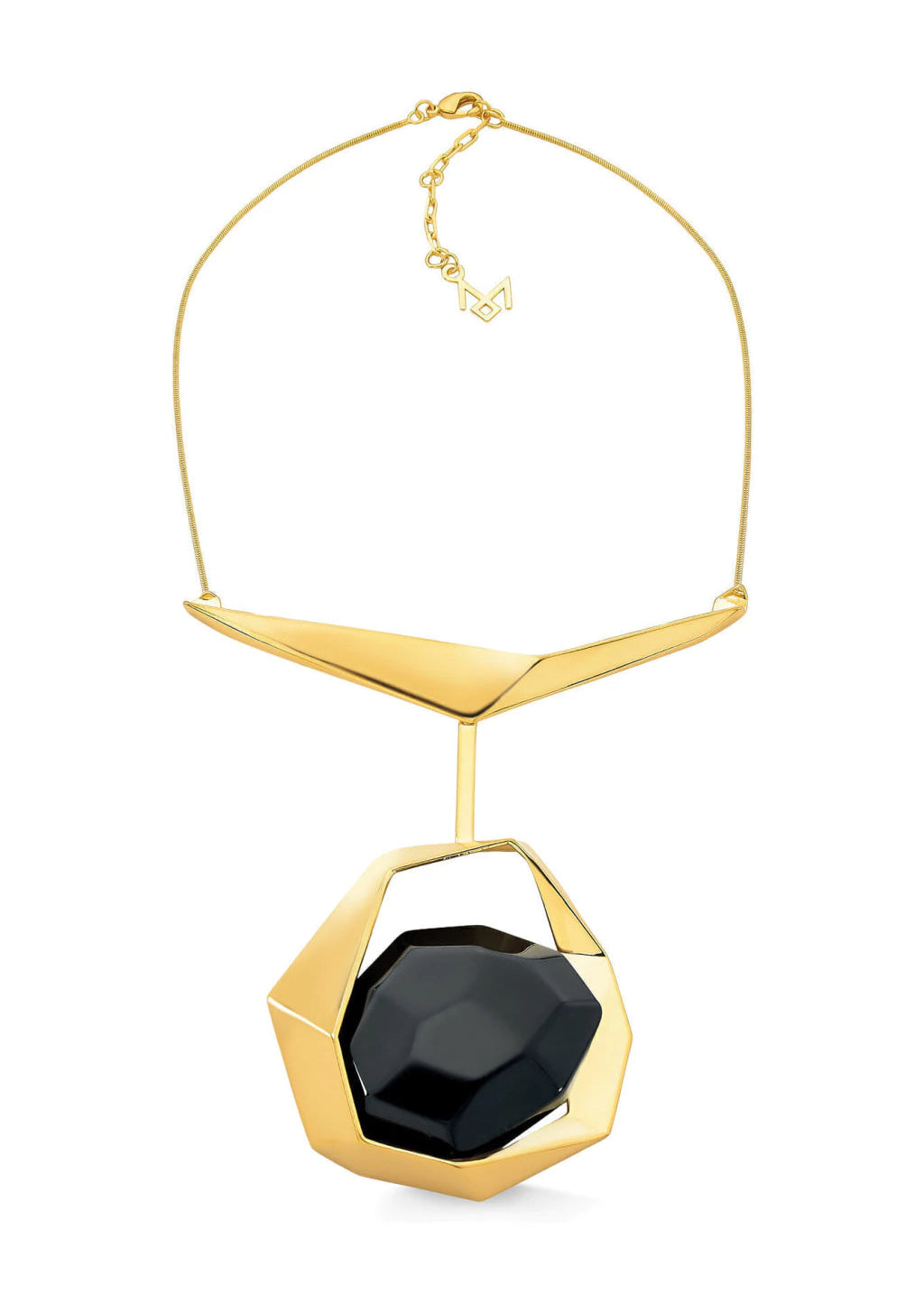 Gold necklace with a black pendant on a white background