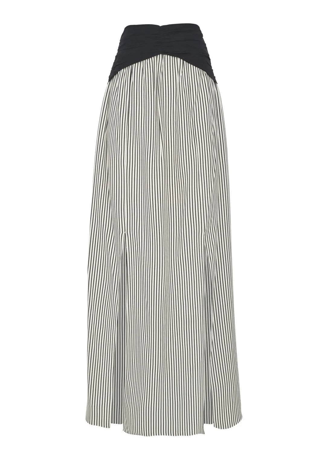 A high-waisted midi skirt featuring a black waistband and vertical black and white stripes on the skirt body, shown against a plain white background.