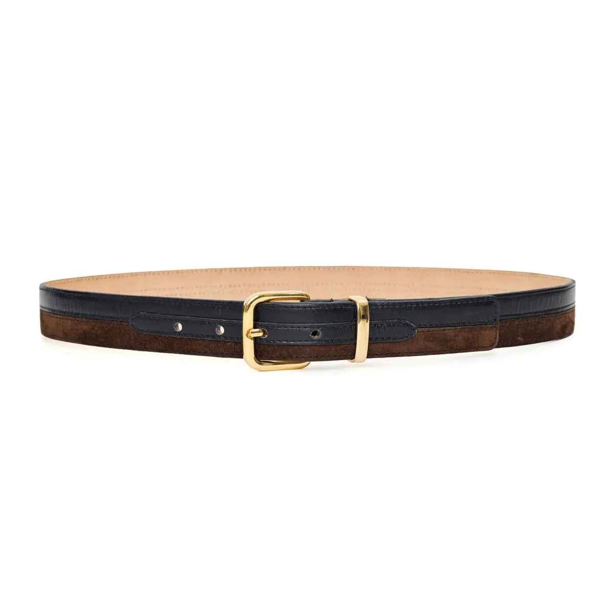 Black and brown belt with a gold buckle on a white background