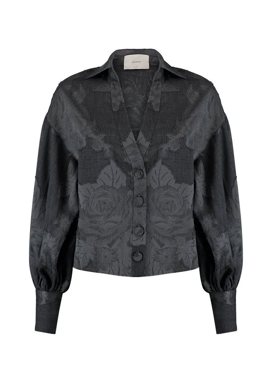 Dark gray patterned shirt on a white background