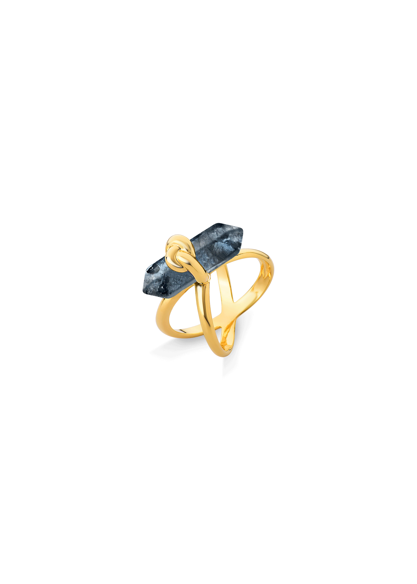 Gold ring with a blue stone on a white background