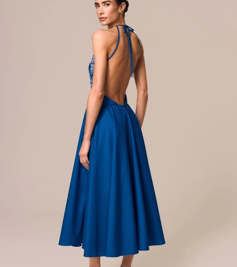 Blue Halter Dress with white details