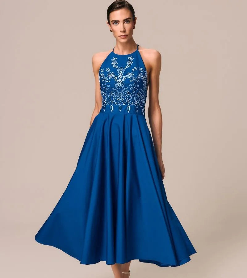 Blue Halter Dress with white flower details