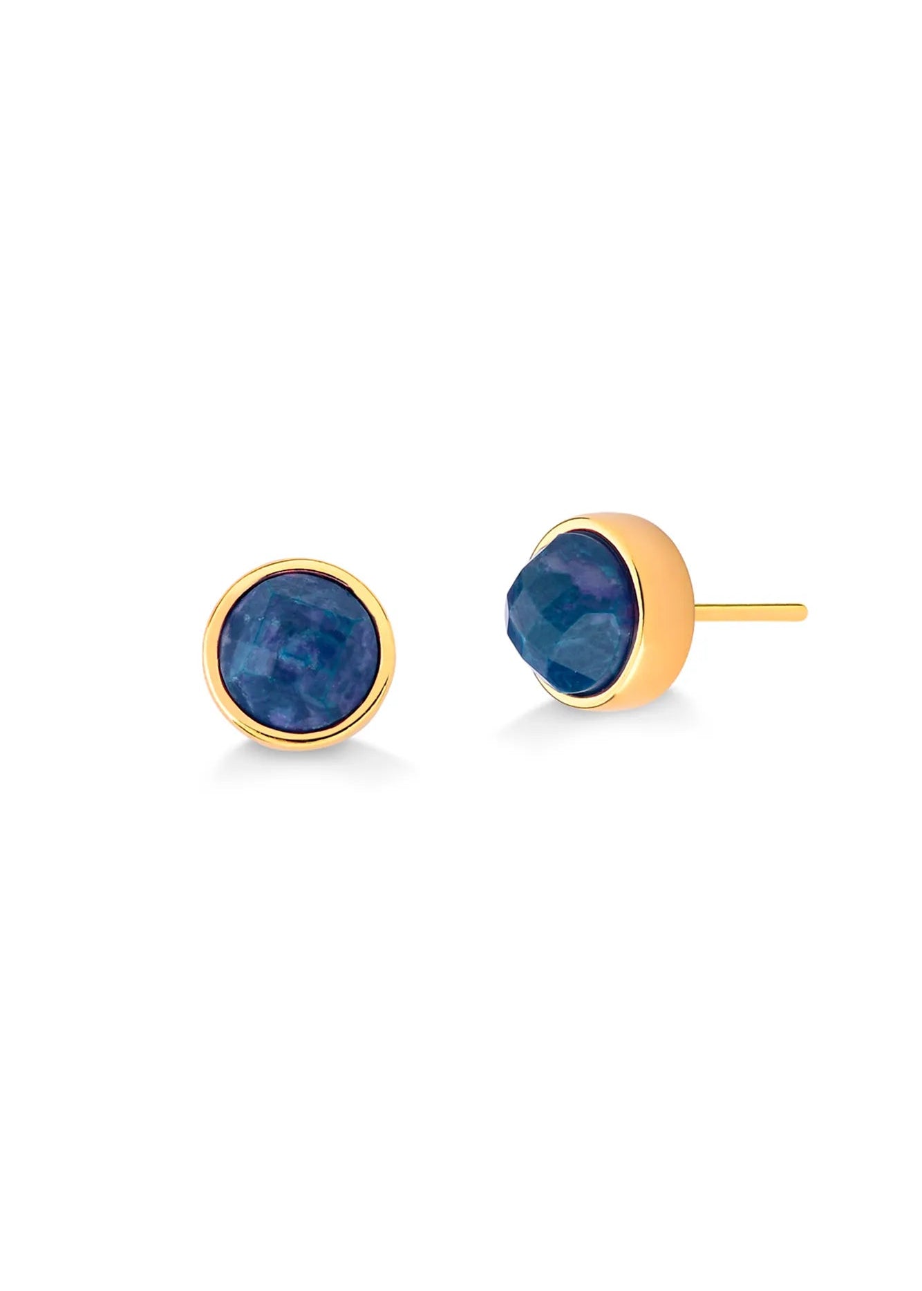 Gold stud earrings with blue gemstones on a white background