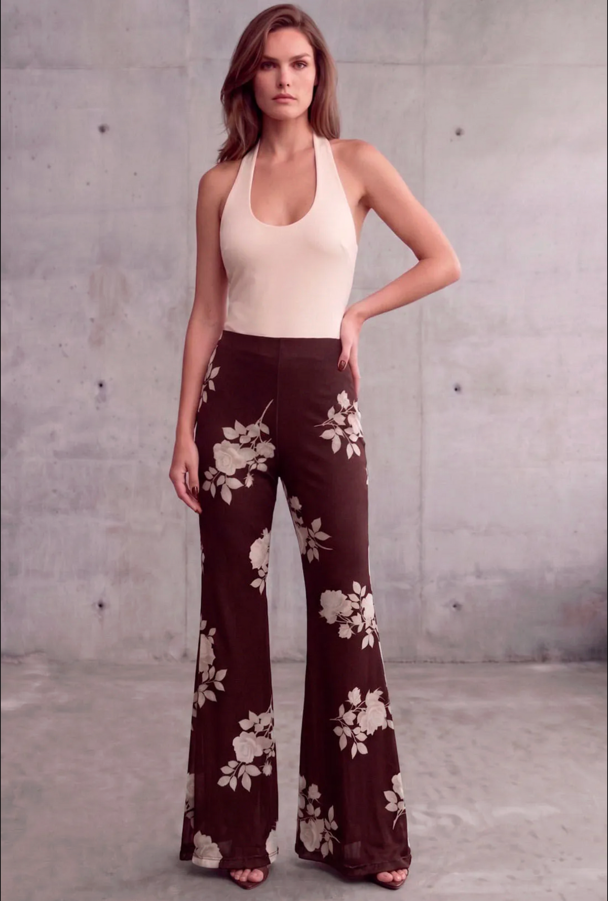 Brown Shadow Floral Flare Pants