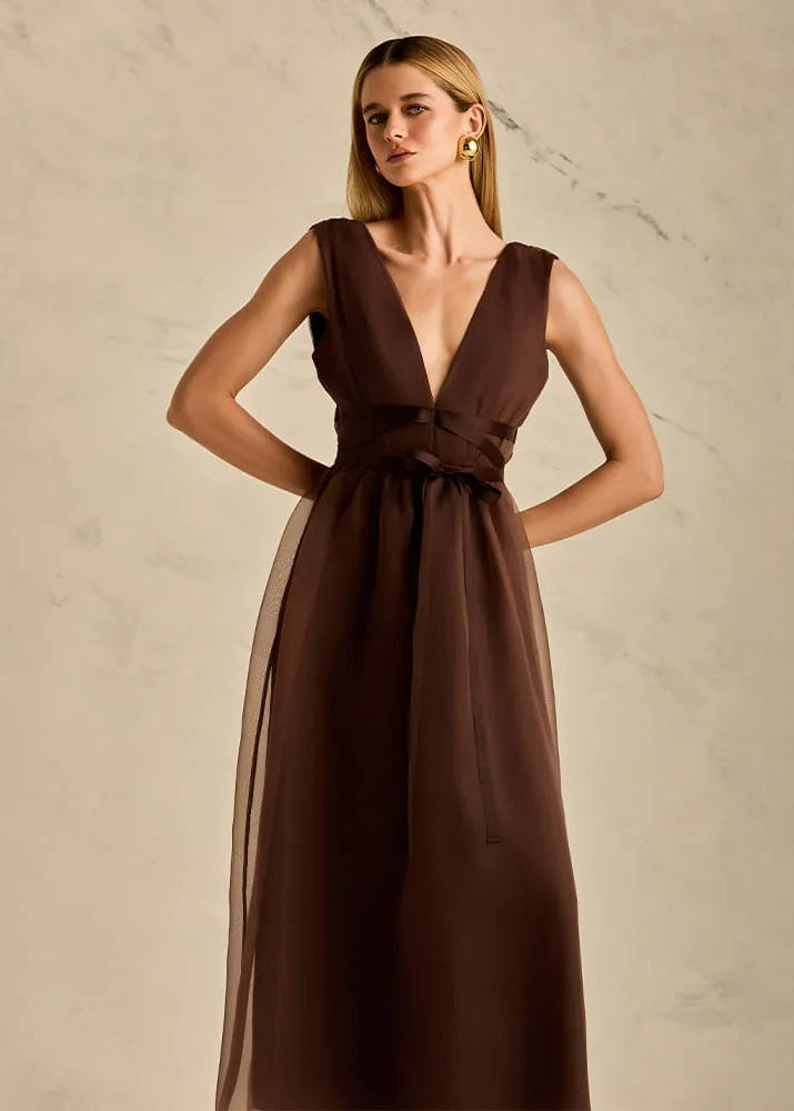 Brown Silk Maxi Midi Dress Small