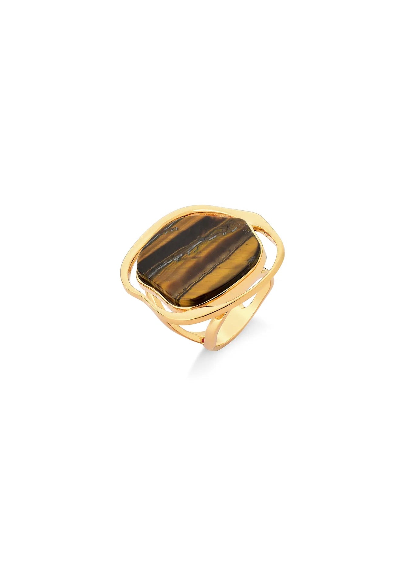 Gold ring with a rectangular tiger's eye stone on a white background