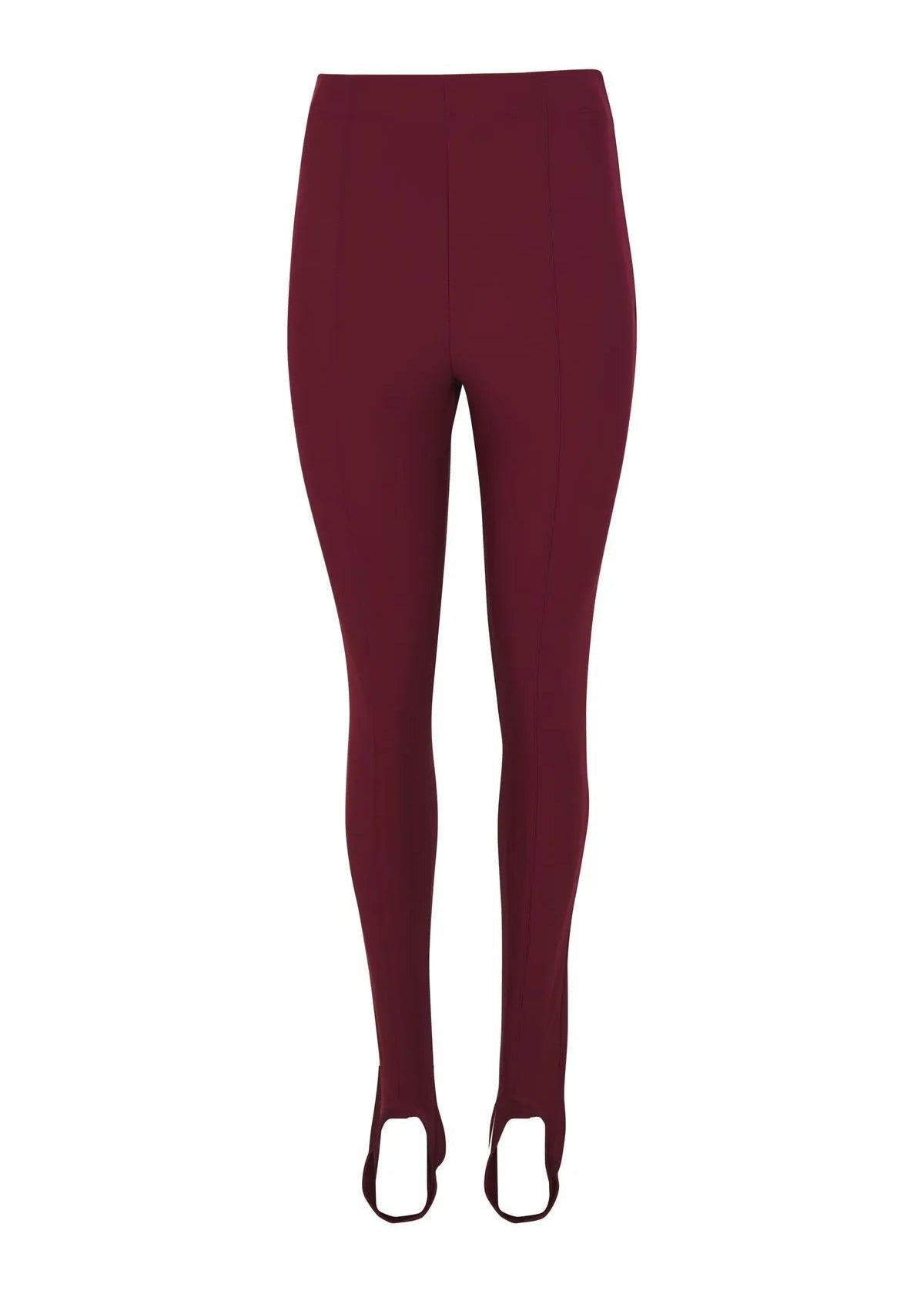 A pair of high-waisted, full-length leggings in a deep burgundy color, shown against a plain white background.