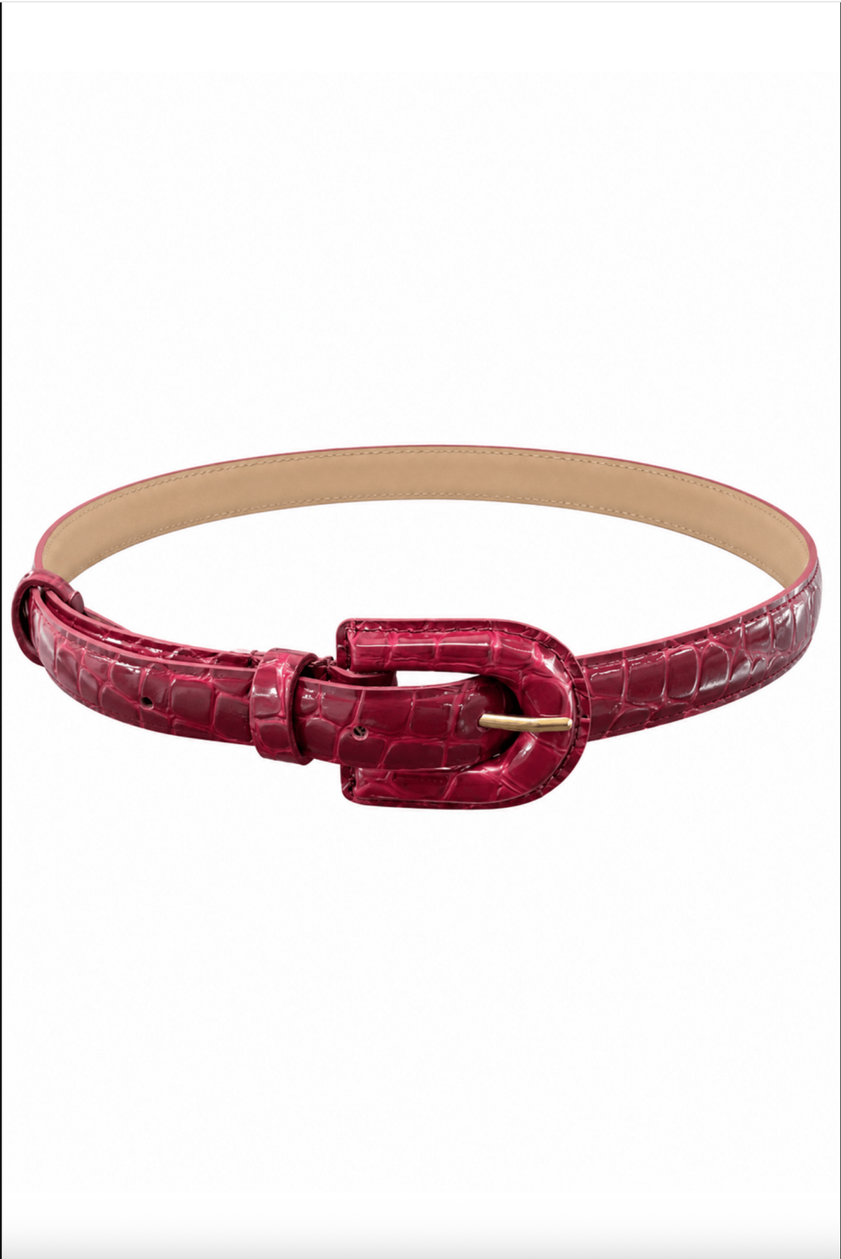 A red crocodile-embossed leather belt with a gold-tone buckle, shown on a plain white background.