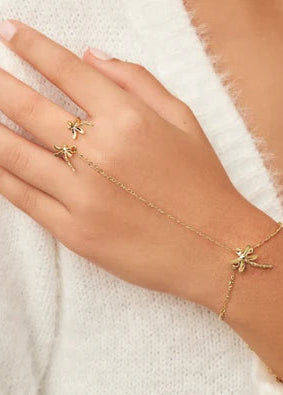 Hand wearing a gold bracelet and ring on a white background