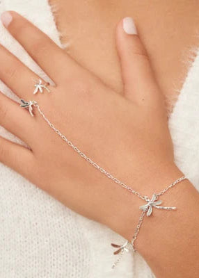 Hand wearing a silver bracelet with starfish charms on a white background