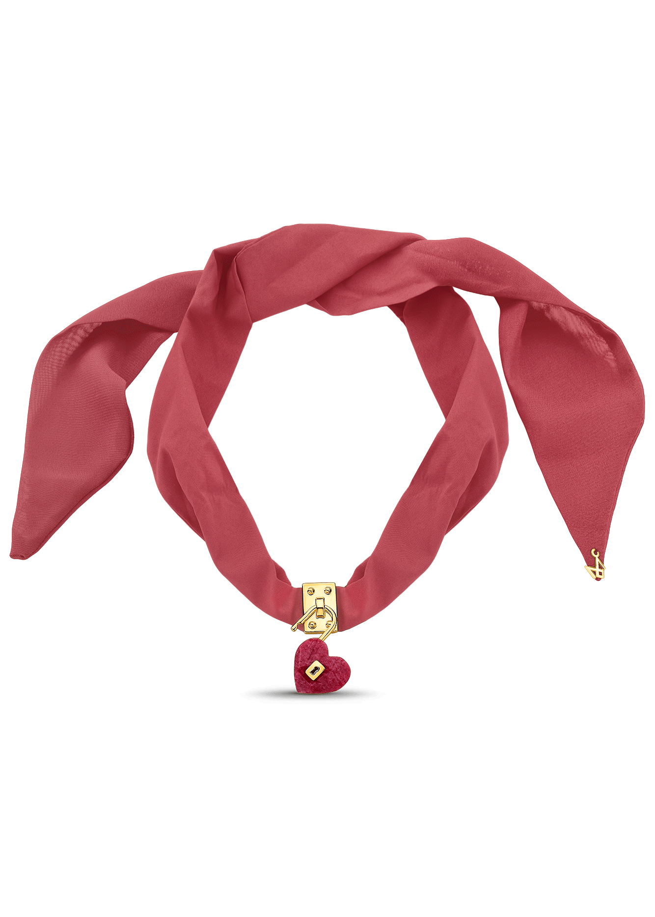 Red headband with a gold clasp and heart charm on a white background