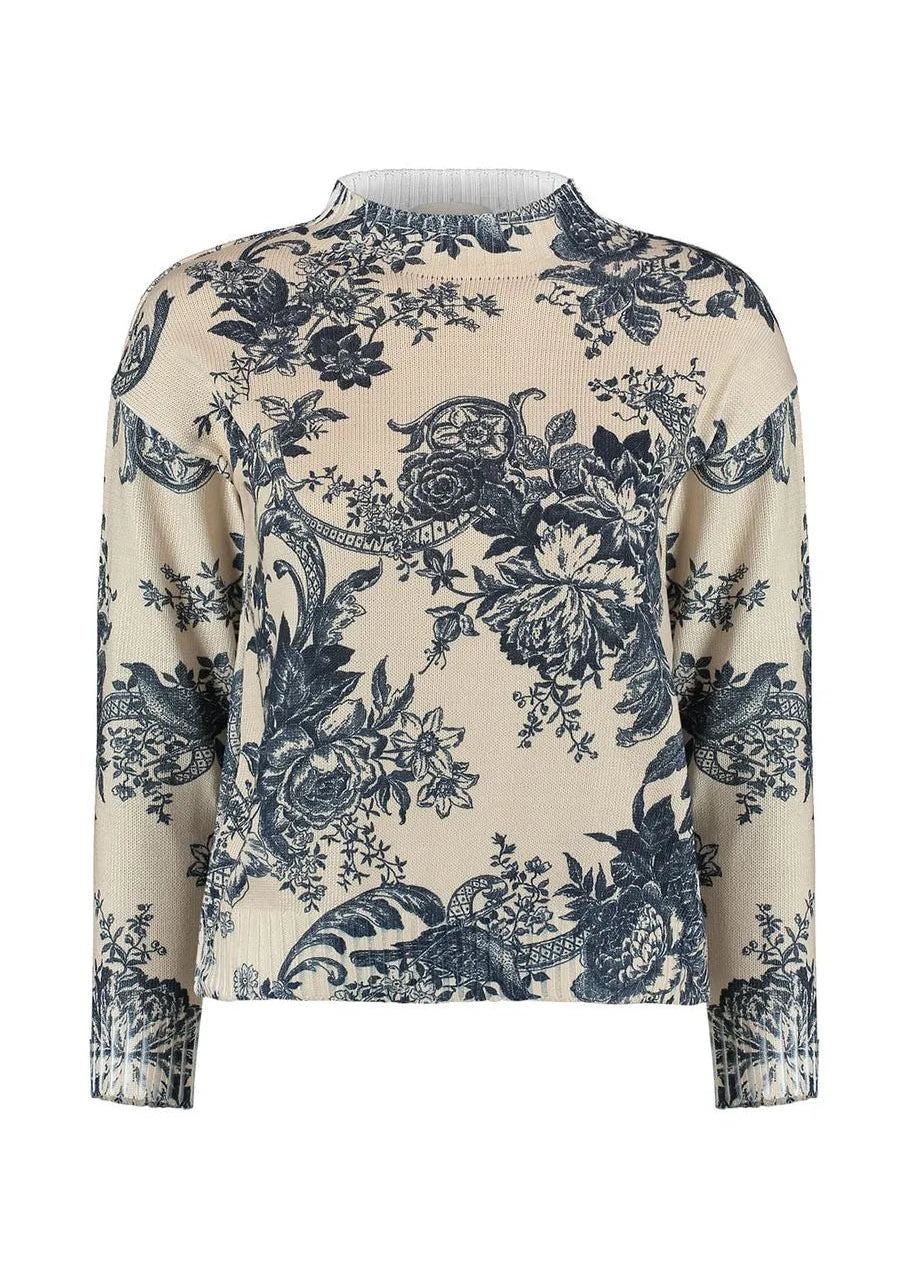 Off White and Navy Blue Floral Girl's Sweater