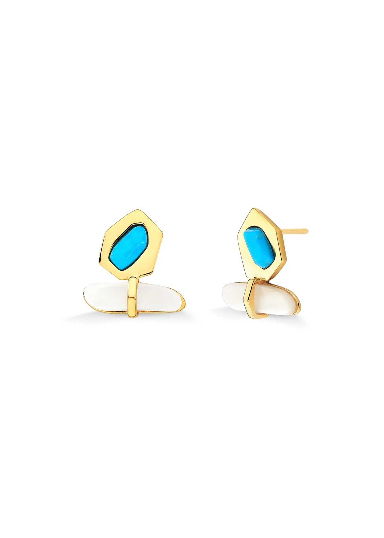 Gold earrings with blue gemstones on a white background
