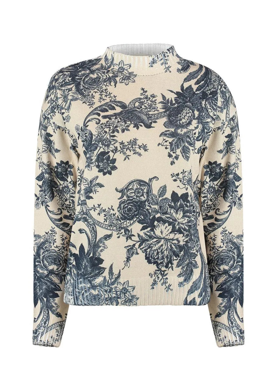 Knitted sweater with floral print and long sleeves and c