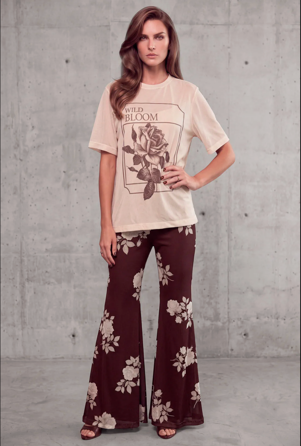 Brown Shadow Floral Flare Pants