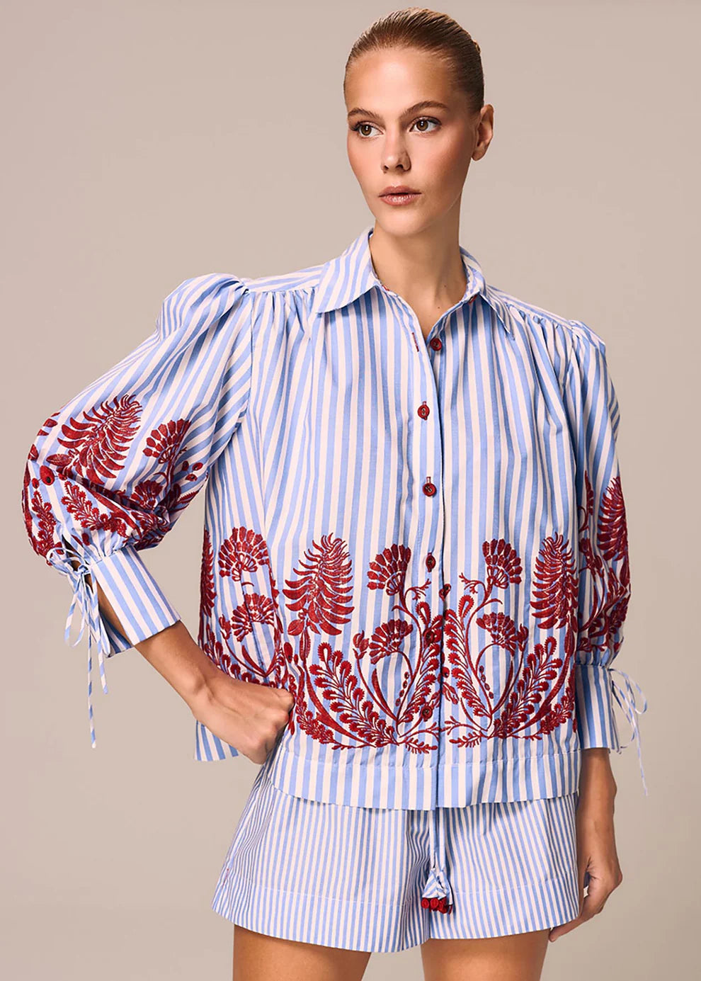 Flower Pattern white-blue Stripped Shirt