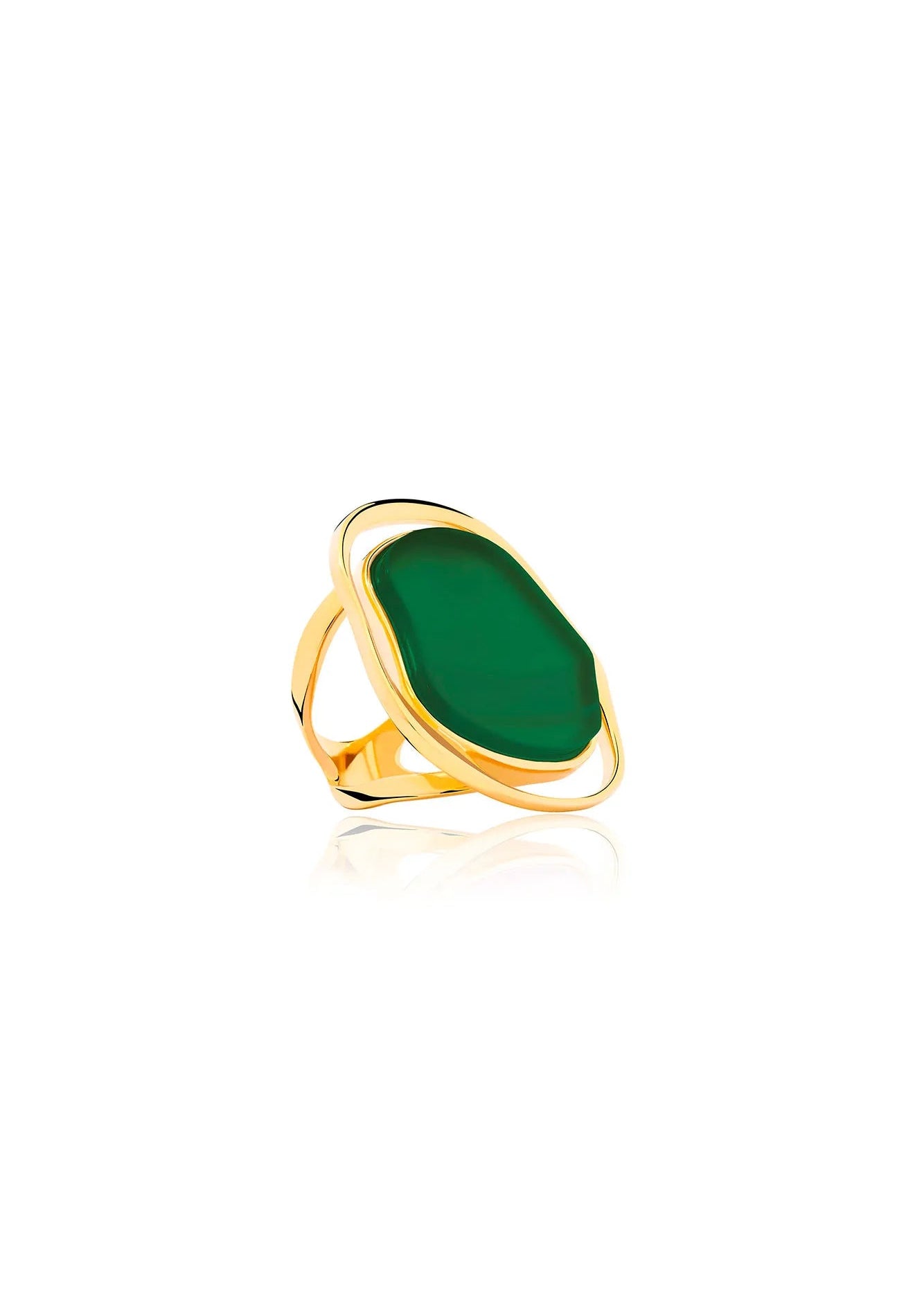 Gold ring with a green stone on a white background
