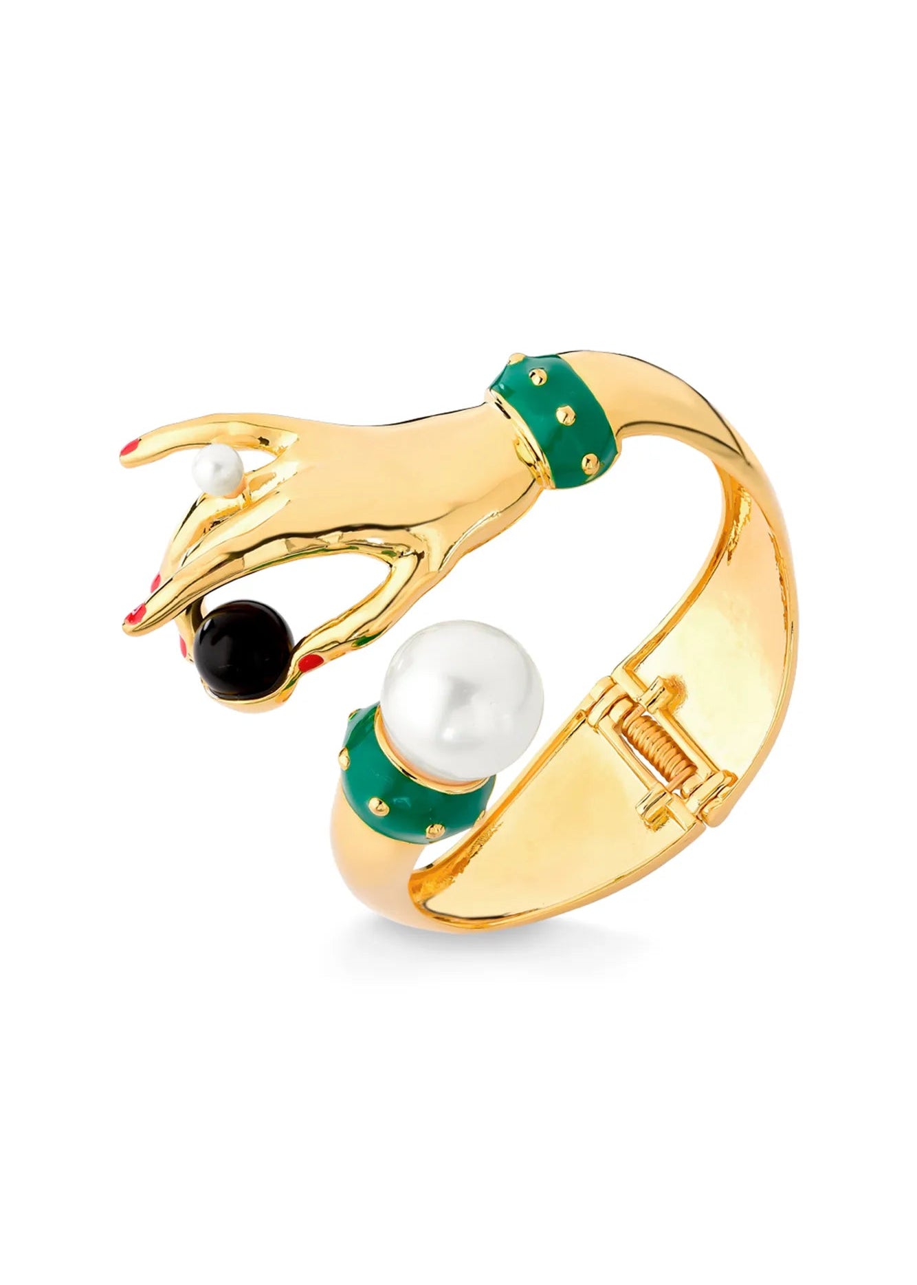 Gold bracelet with green accents and pearls on a white background