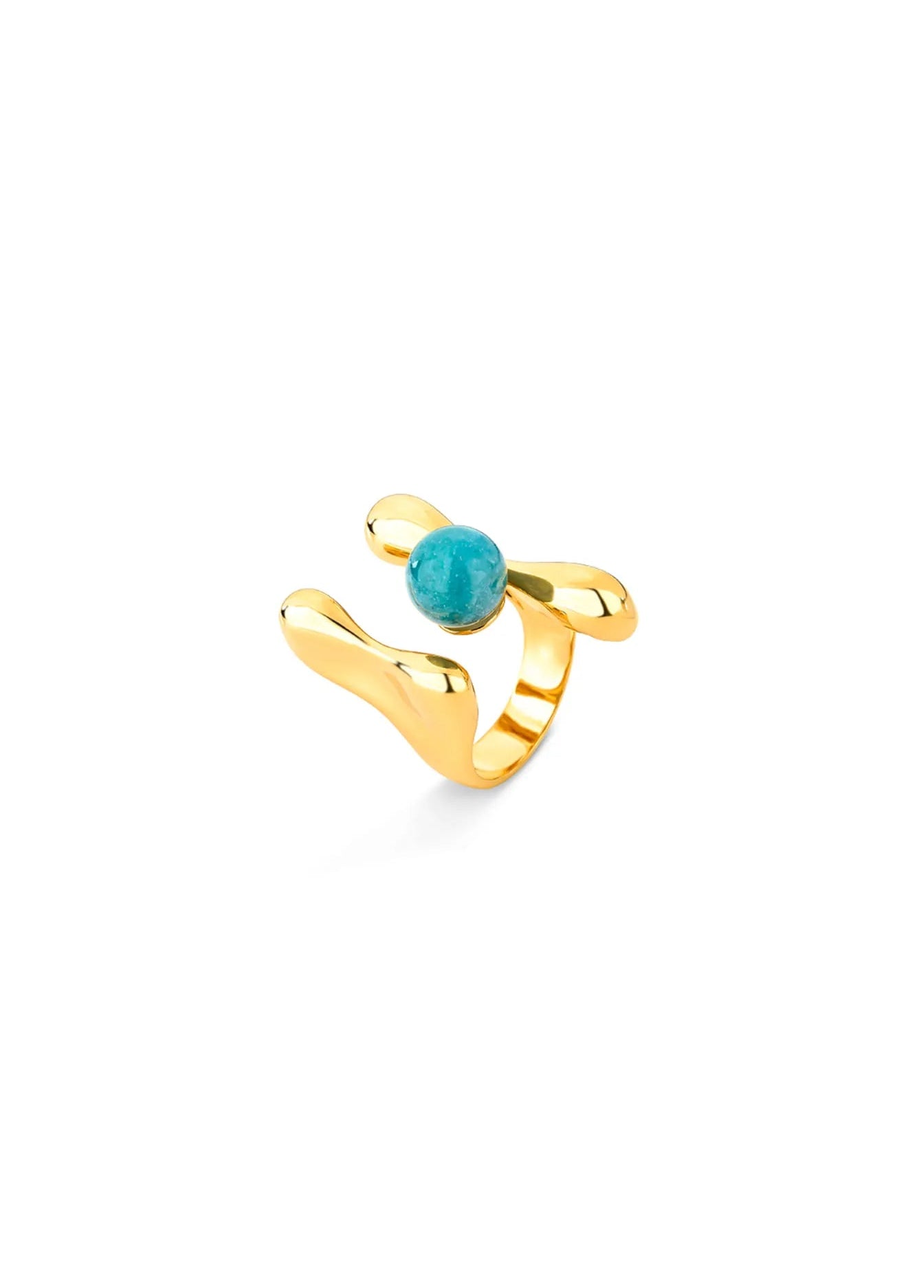 Golden ring with a turquoise bead on a white background