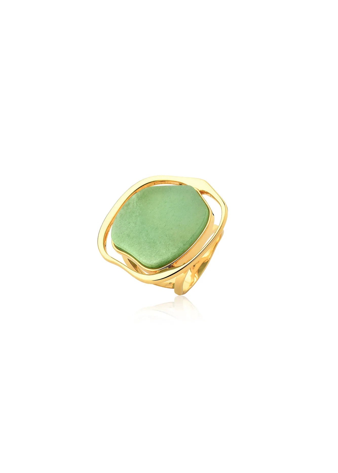 A gold ring featuring a large, irregularly shaped green stone, photographed on a clean white background.