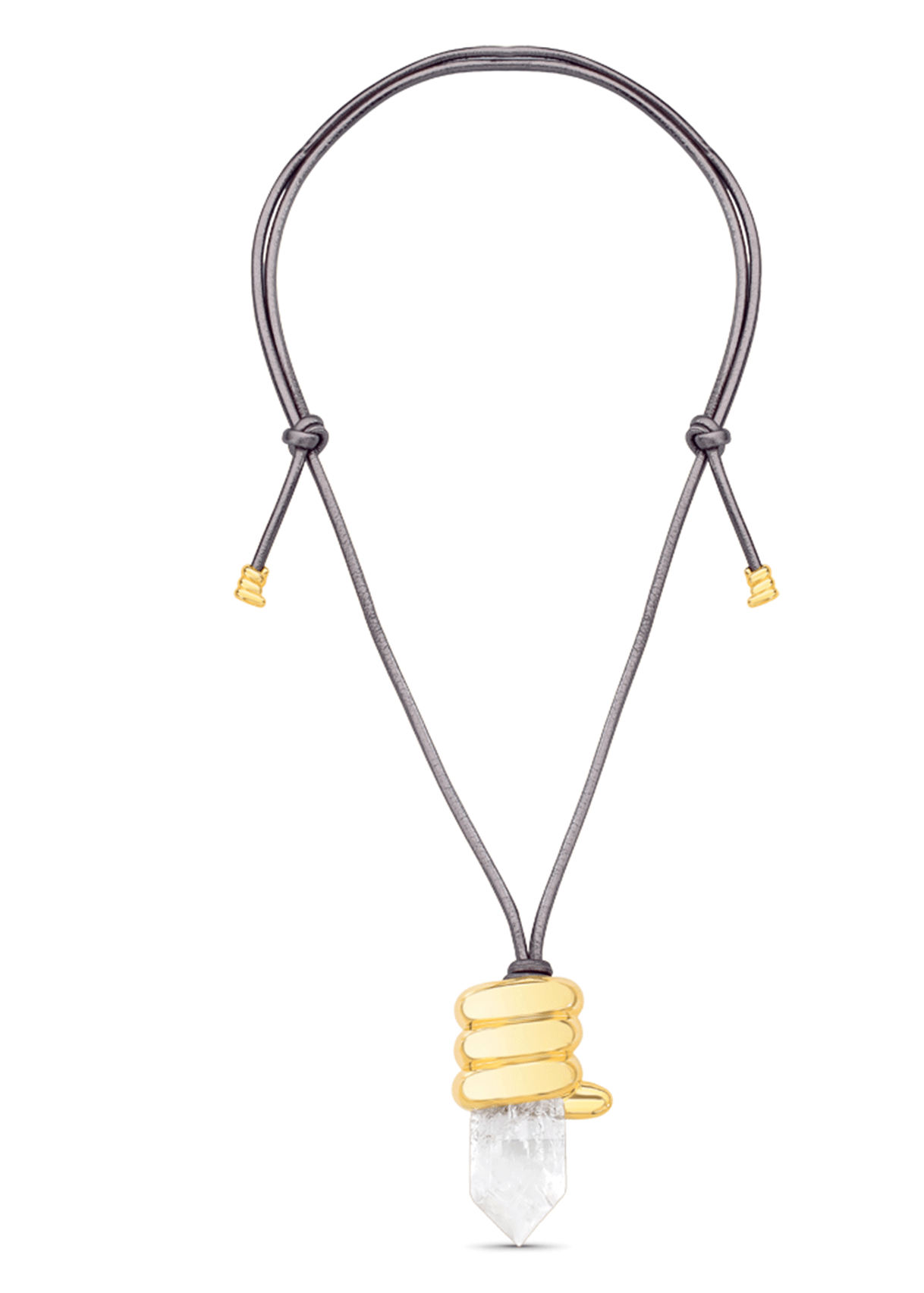 Necklace with a clear crystal pendant and gold accents on a white background