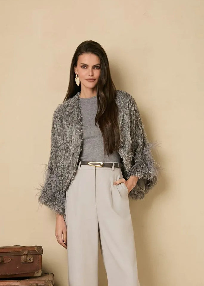 Grey Poncho with feather embellishment