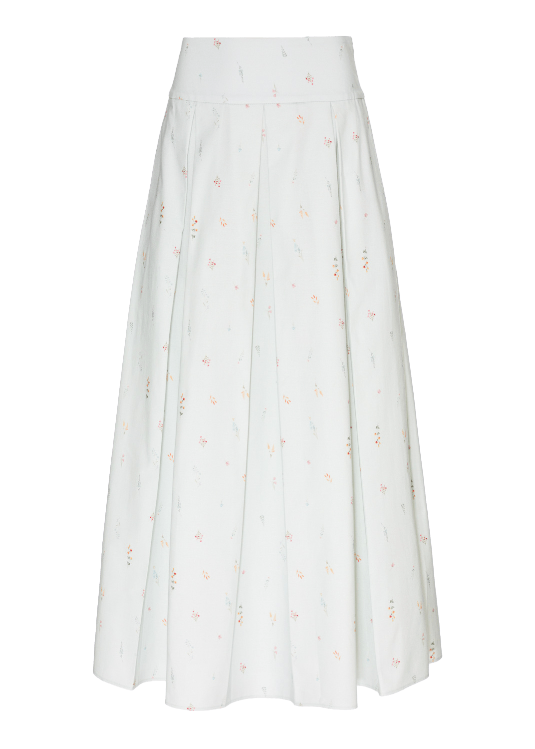 A white A-line midi skirt with a subtle all-over embroidered floral pattern, shown against a solid dark slate blue background.