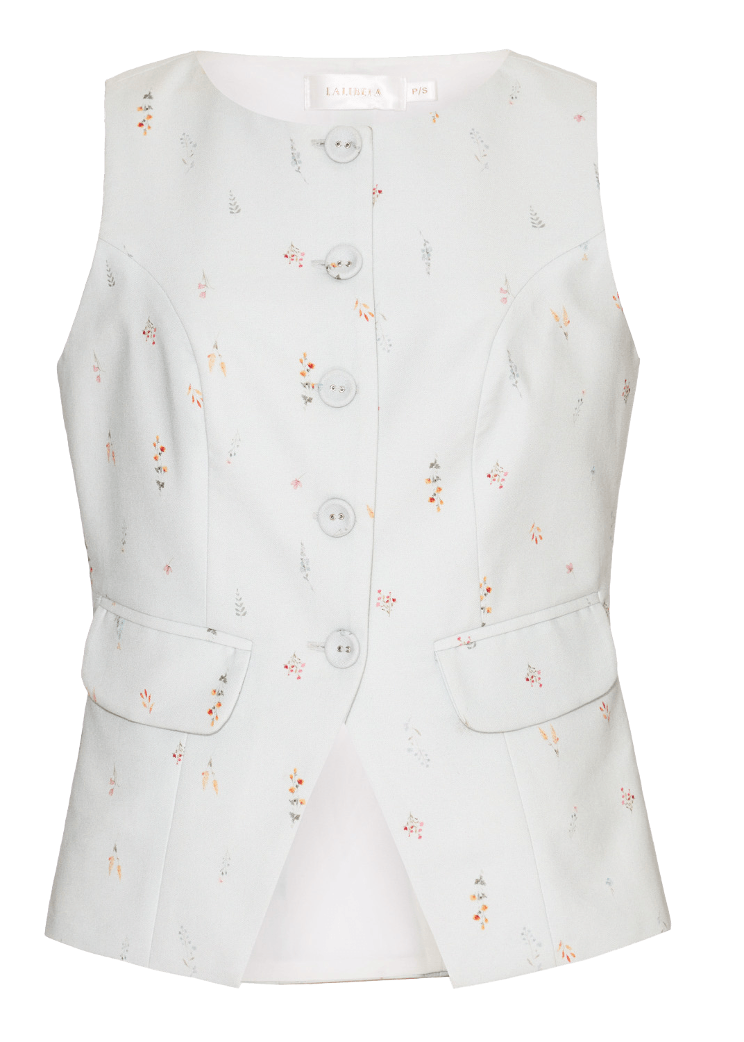 A sleeveless white vest with a delicate multicolor floral and tree print, featuring a button-up front and flap pockets, shown against a solid dark teal background.