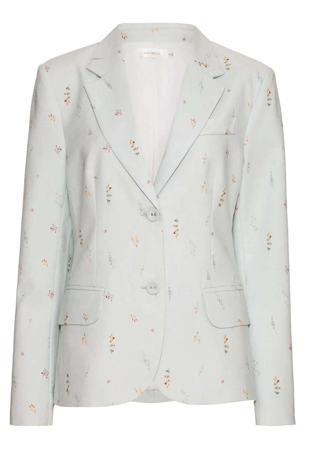 A pale mint green blazer with a delicate, all-over embroidered floral and bird pattern in soft pink, orange, and yellow, shown against a plain white background.